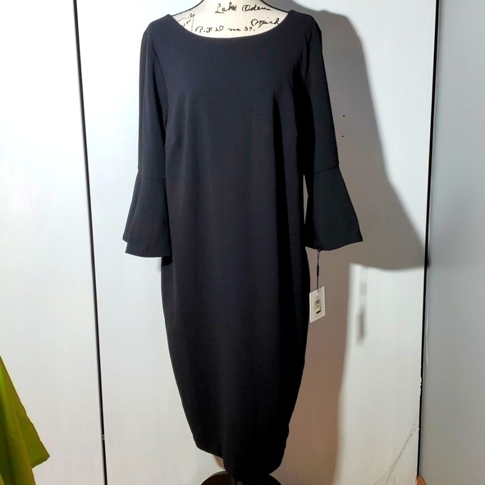 Calvin Klein|  Black Stretchy Bell Sleeve Dress Neutral Modern Career Office 18